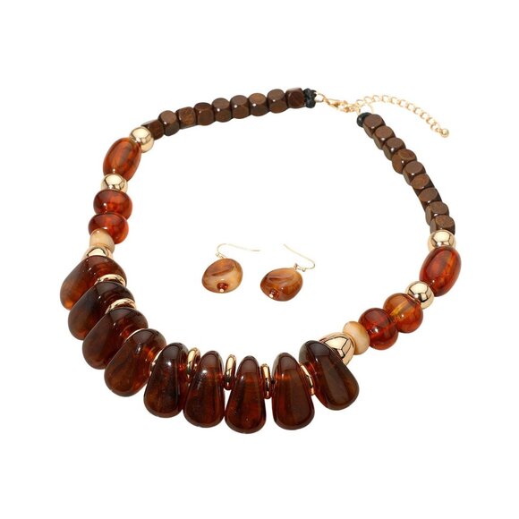 Tigerstars Brown Chunky Marbled Resin Pebble Wooden Beaded Necklace - Picture 1 of 1